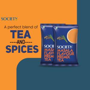 Two packets of Society Masala Tea Premix against a vibrant orange and teal background.