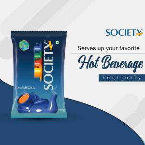 Society Hot Beverage Mix packaging with a cup and saucer