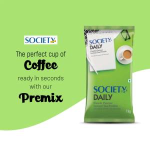 Image of Society Daily Instant Coffee Premix packet with a cup of coffee.