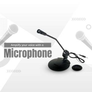 Image of various microphones including a desktop microphone and handheld microphones with the text 'Amplify your voice with a Microphone'