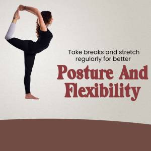 Woman performing a yoga pose with text overlay promoting posture and flexibility.