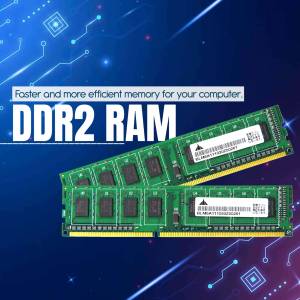 Image of two green DDR2 RAM sticks with a blue circuit board background.