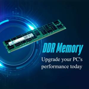 Close-up of a DDR memory module with text promoting PC performance upgrades.