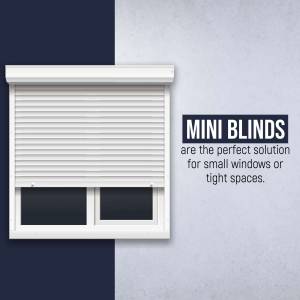 White mini blinds installed on a window with dark blue wall background