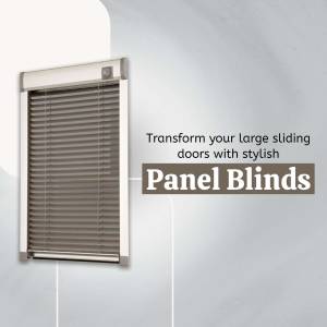 Close-up of brown panel blinds installed on a sliding door, with text promoting panel blinds.