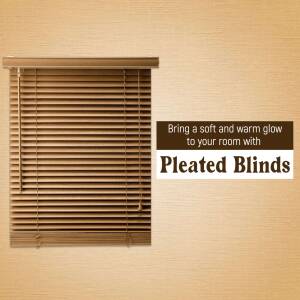 Close-up of brown pleated blinds with text promoting a soft and warm glow for rooms.