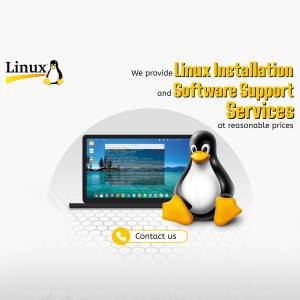 Linux penguin with laptop promoting installation and software support