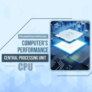 Close-up of a CPU chip on a motherboard with text highlighting its role in computer performance.