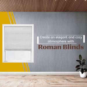 Close-up of a Roman blind installed on a gray wall with a yellow accent, showcasing a modern interior design.