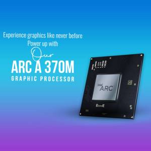 Close-up of the Intel Arc A370M graphics processor card with text overlay.