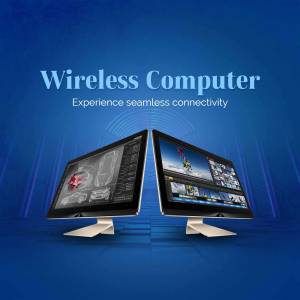 Two computer monitors displaying technical designs and action sports, representing wireless connectivity.