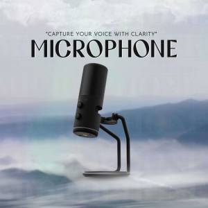Black microphone on a stand with a misty mountain background