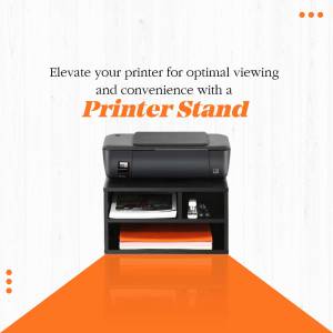 Black printer on a black stand with storage, orange background