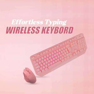 Pink wireless keyboard and mouse with backlit keys