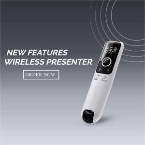 White wireless presenter with a screen, promoting new features and order availability.
