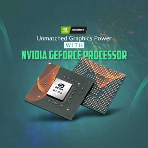 NVIDIA GeForce processor chip with branding and text 'Unmatched Graphics Power'