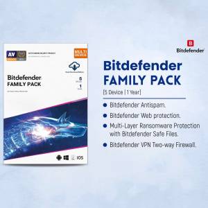 Bitdefender Family Pack software box with blue and purple nebula background