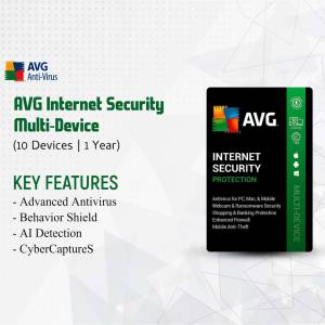AVG Internet Security Multi-Device product packaging with key features listed.