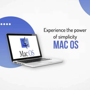 Laptop displaying the Mac OS logo with a blue background.