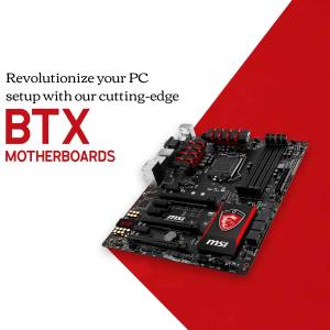 MSI BTX Motherboard with red accents on a diagonal red and white background