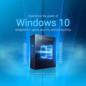 Windows 10 software box with a blue gradient background