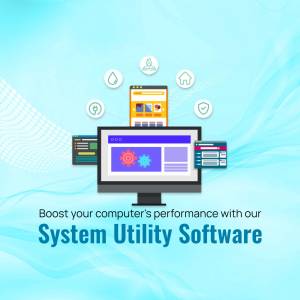 Illustration of system utility software with icons and computer screens.
