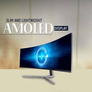 Curved AMOLED display monitor with a glowing 'G' logo