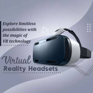 A VR headset with the text 'Explore limitless possibilities with VR technology' and 'Virtual Reality Headsets'.