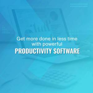 Laptop with productivity software interface and text overlay