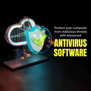 Antivirus software protecting a laptop with a shield and cloud security