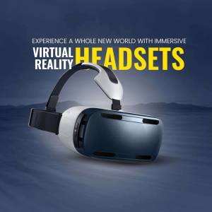 Virtual reality headset with the text 'Experience a whole new world with immersive VR Headsets'