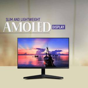 A sleek black monitor with a vibrant AMOLED display showing a sunset scene with boats.