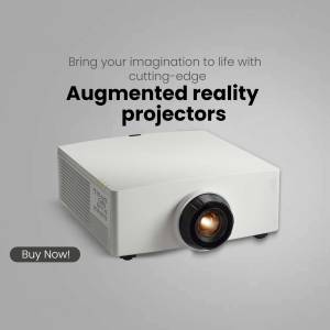 White augmented reality projector on a gray background with text overlay.