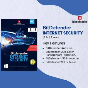 Bitdefender Internet Security software box with key features listed.