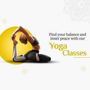 Woman practicing yoga pose with promotional text for yoga classes