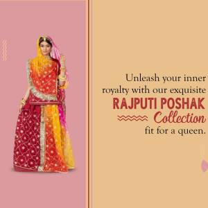 Woman wearing a traditional Rajputi Poshak with text 'Unleash your inner royalty with our exquisite Rajputi Poshak Collection'