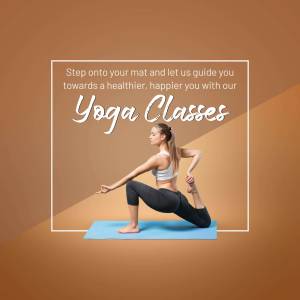 Woman practicing yoga pose on a mat with text promoting yoga classes