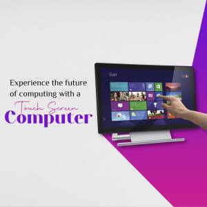 A promotional image of a touch screen computer with a hand interacting with the screen.