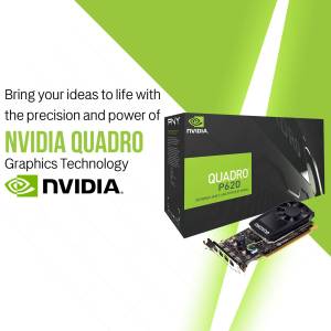 NVIDIA Quadro P620 graphics card product shot with text overlay.