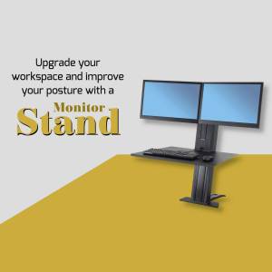 Dual monitor stand on a desk with text promoting improved posture