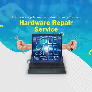 Image depicting hands with tools repairing a laptop, advertising hardware repair services.