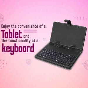 Black tablet with keyboard case on a pink background