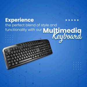 Black multimedia keyboard on a blue gradient background with text promoting its style and functionality.