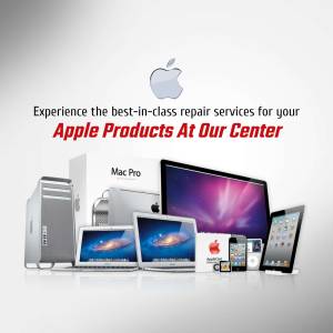 Apple products including iMac, Macbook Pro, Macbook Air, iPhone and iPad with text promoting repair services.