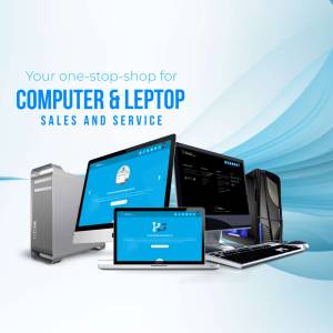 Image of computers, laptops, and accessories with text promoting computer and laptop sales and service.