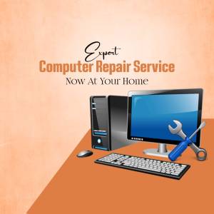 Computer repair service with a desktop computer, keyboard, mouse, and tools.