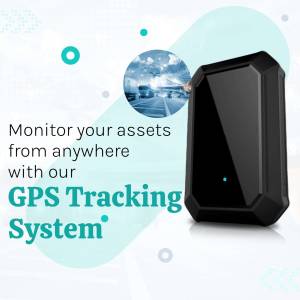 Black GPS tracking device with an image of a road inside, promoting asset monitoring.