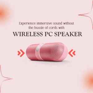 Pink wireless PC speaker with text promoting immersive sound
