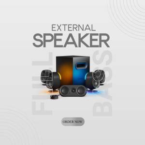Image of a black external speaker with blue accents, promoting full bass sound.