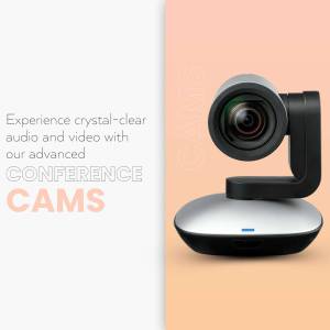 Close-up of a modern conference camera with text promoting crystal-clear audio and video.